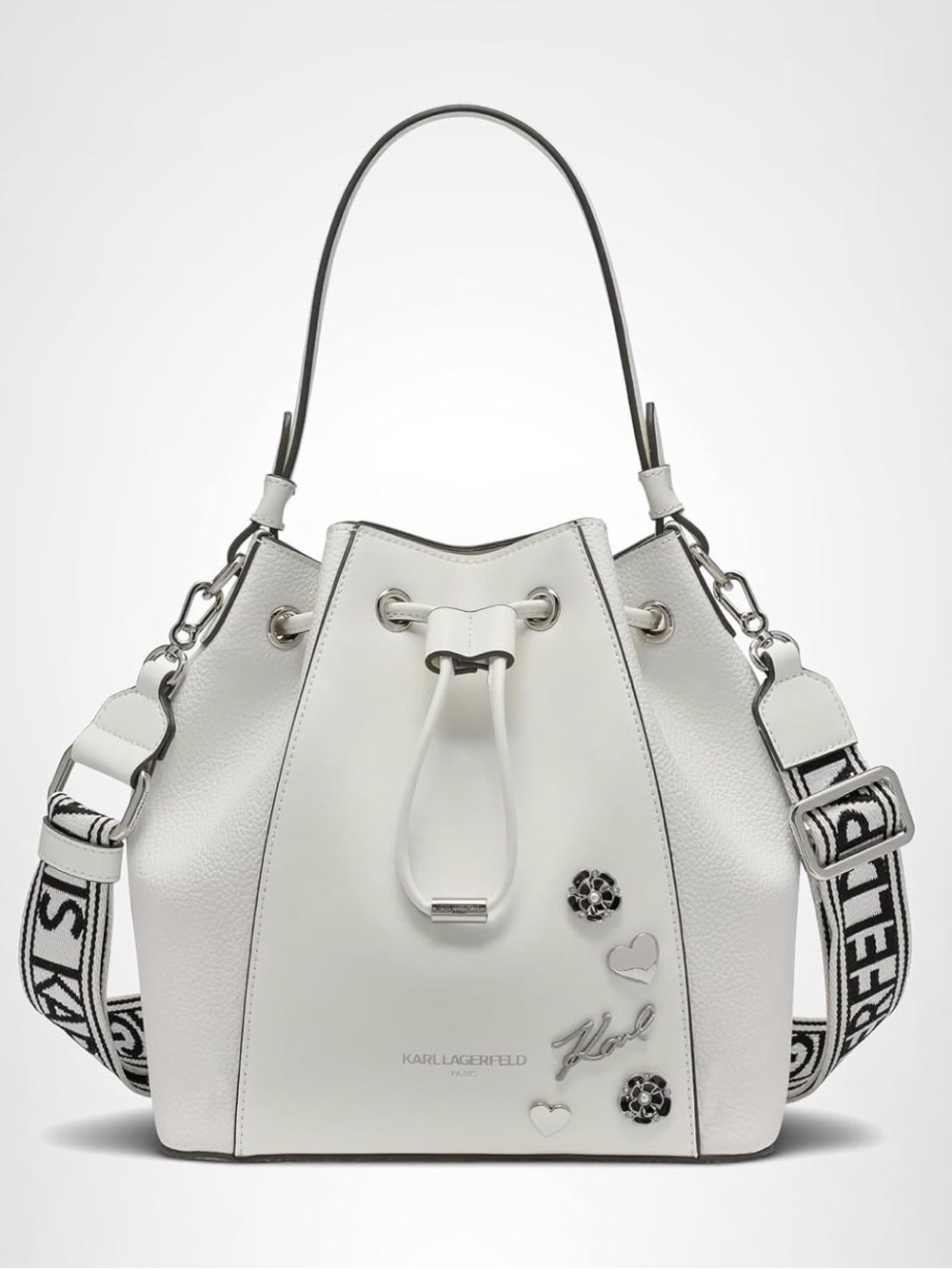 NWT Karl Lagerfeld Paris Adele White Bucket Shoulder Bag -Logo Strap MSRP $198
